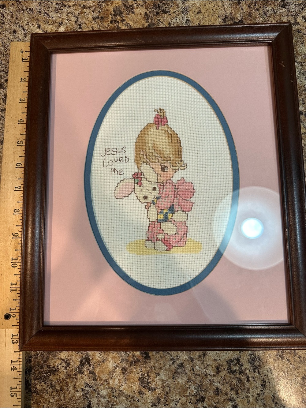 PRECIOUS MOMENTS Vintage Framed Pink Cross-Stitch Wall Art -Jesus Loves Me-